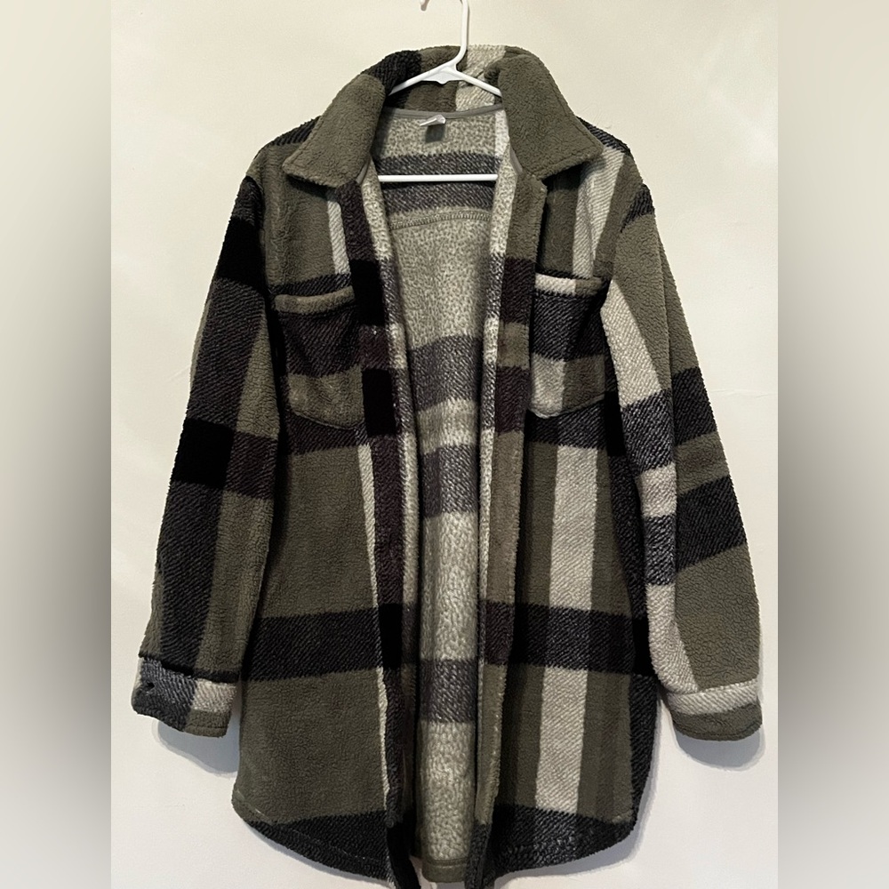 just be Olive, Black & Cream Plaid Sherpa Jacket
